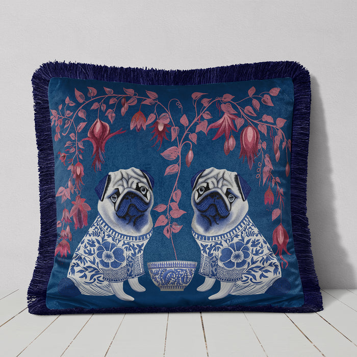 Pug Twins Chinoiserie Cushion Pillow Choice of Luxury Velvet / Cotton / Water Resistant