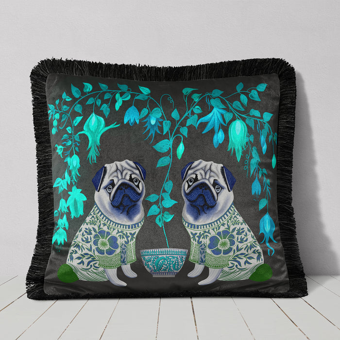 Pug Twins Chinoiserie Cushion Pillow Choice of Luxury Velvet / Cotton / Water Resistant