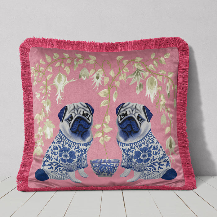 Pug Twins Chinoiserie Cushion Pillow Choice of Luxury Velvet / Cotton / Water Resistant