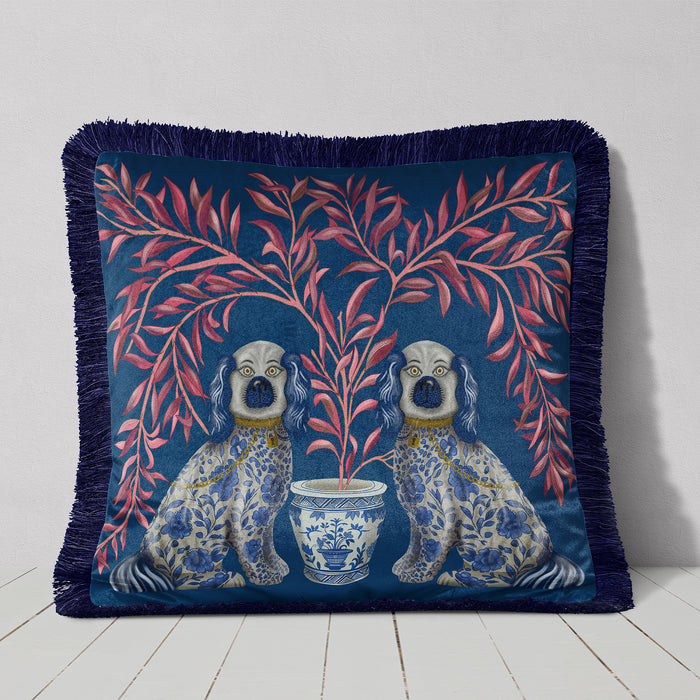 Staffordshire Dog Twins Chinoiserie Cushion Pillow, Choice of Luxury Velvet, Cotton or Outdoor