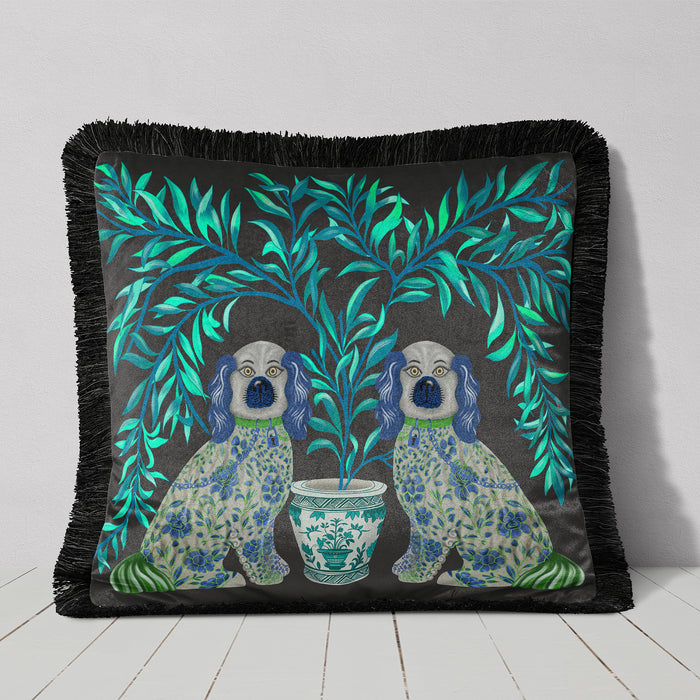 Staffordshire Dog Twins Chinoiserie Cushion Pillow, Choice of Luxury Velvet, Cotton or Outdoor