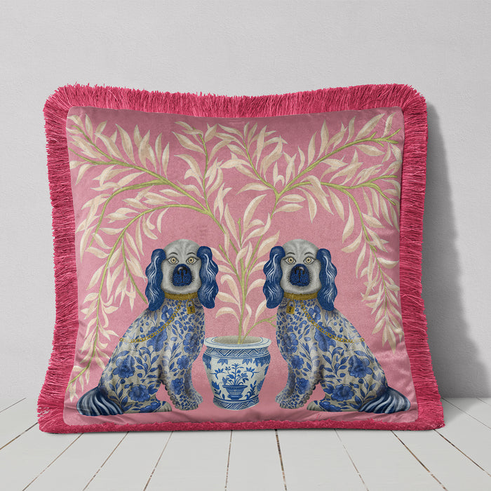 Staffordshire Dog Twins Chinoiserie Cushion Pillow, Choice of Luxury Velvet, Cotton or Outdoor