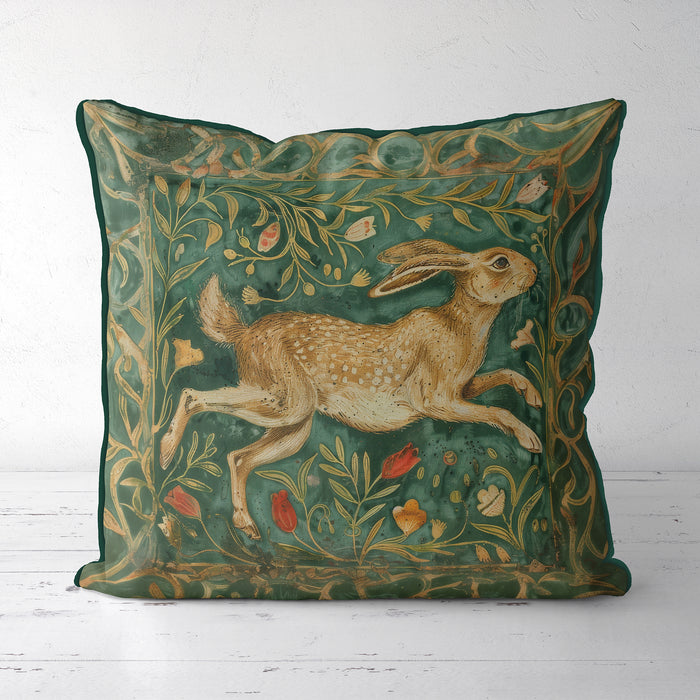 Cottontail Whimsical Hare Green Cushion / Throw Pillow