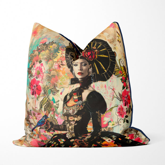 Colourful bold cushion pillow cover. Abstract flowers on the background and a gloriously dressed woman in a flamboyant black dress covered in bright flowers holding a colourful bird. With black bias piping.