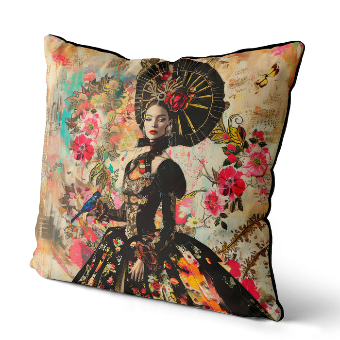 Colourful bold cushion pillow cover. Abstract flowers on the background and a gloriously dressed woman in a flamboyant black dress covered in bright flowers holding a colourful bird. With black bias piping.