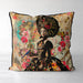 Colourful bold cushion pillow cover. Abstract flowers on the background and a gloriously dressed woman in a flamboyant black dress covered in bright flowers holding a colourful bird. With black bias piping.