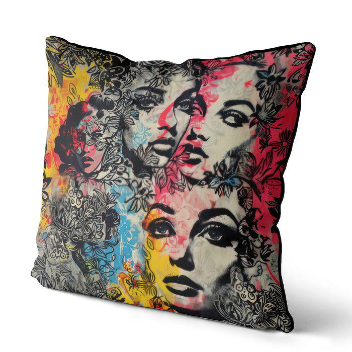 Modern and edgy cushion, pillow cover which features striking female faces rendered in a retro, pop art style with floral overlays, adds a pop of magnificent colour with pink, yellow, blue and black.