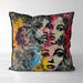 Modern and edgy cushion, pillow cover which features striking female faces rendered in a retro, pop art style with floral overlays, adds a pop of magnificent colour with pink, yellow, blue and black.