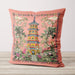 Velvet coral cushion with a pagoda and delicate floral accents.