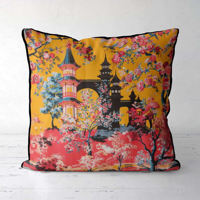 Yellow cushion with pagoda and pink and yellow blooming flowers.