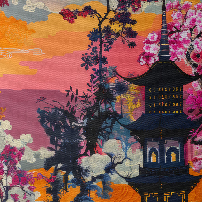 Cushion with a sunset scene, featuring a pagoda and vibrant orange, pink, and red floral details