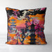 Cushion with a sunset scene, featuring a pagoda and vibrant orange, pink, and red floral details