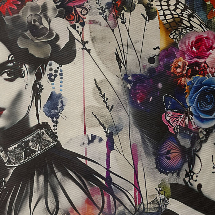 Striking decorative cushion, a fusion of gothic and bohemian styles. Two monochromatic women adorned with elaborate floral headdresses and butterflies splashed in vibrant colours, a dramatic and enchanting visual effect combining gothic elegance with bohemian flair.