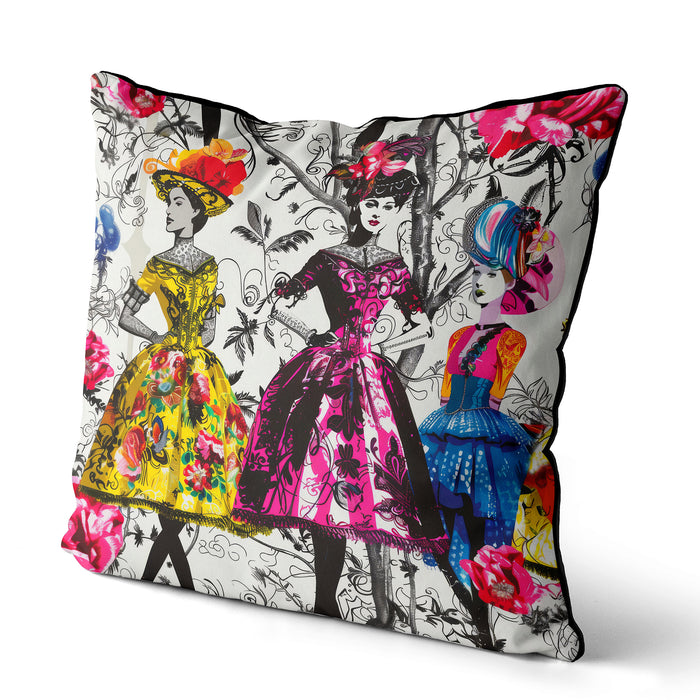 Modern designer cushion, three elegantly dressed women, vibrant colourful dresses and fancy hats against a monochromatic background of delicate botanical illustrations. Intricate floral patterns of vivid yellow, pink, and blue hues stand out in classic elegance with modern colour pops.