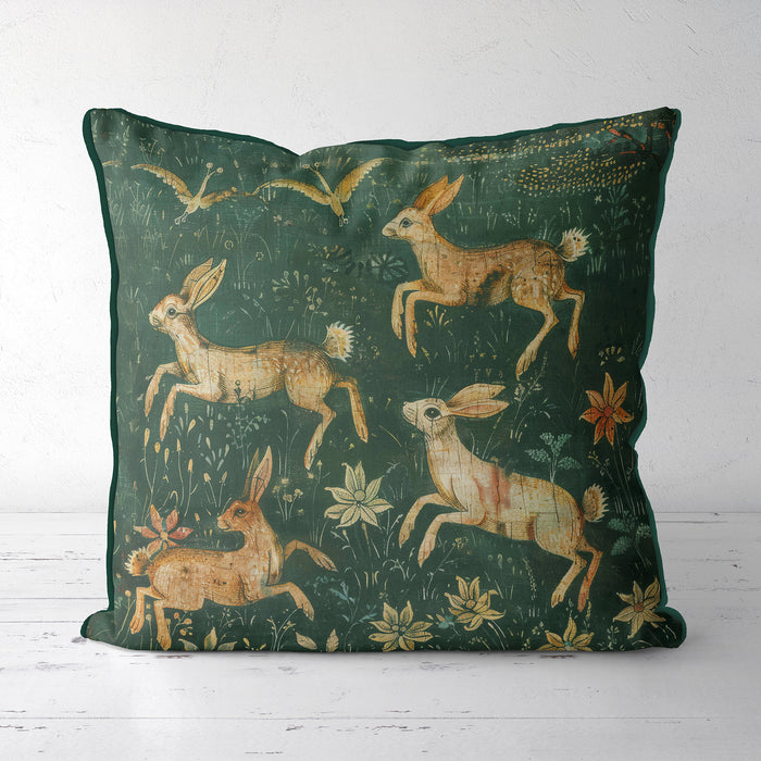 Woodland Hare Dew Bright Meadow Green Cushion / Throw Pillow