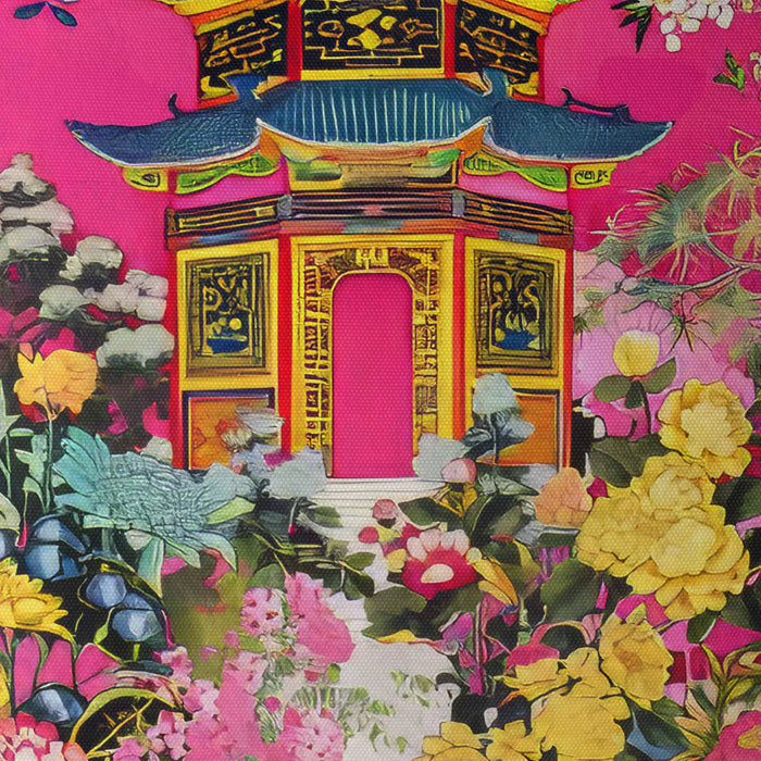 Bright pink cushion with a pagoda and lush floral design.