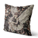 Celestial cushion pillow cover of a sophisticated angel in a pretty dress covered in sequins with huge white feathered wings surrounded by delicate flowers on a black background