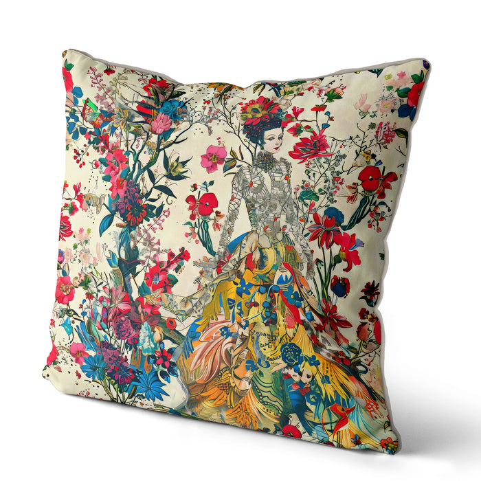 Designer whimsical bohemian cushion, an elegantly dressed woman surrounded by a vibrant array of flowers and botanical elements. Detailed patterns and lively colours, yellow, red, pink, blue, a stunning visual contrast against the light background.