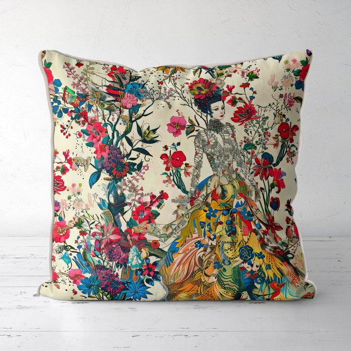 Designer whimsical bohemian cushion, an elegantly dressed woman surrounded by a vibrant array of flowers and botanical elements. Detailed patterns and lively colours, yellow, red, pink, blue, a stunning visual contrast against the light background.