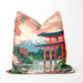 Peach cushion featuring a Japanese torii gate, Mount Fuji, and lotus flowers.