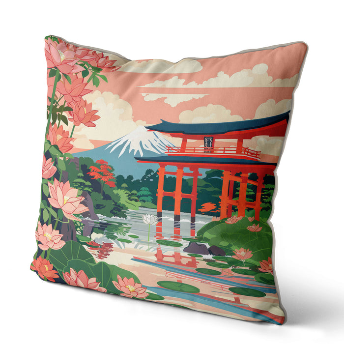 Peach cushion featuring a Japanese torii gate, Mount Fuji, and lotus flowers.