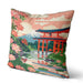 Peach cushion featuring a Japanese torii gate, Mount Fuji, and lotus flowers.