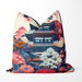 Blue and red floral cushion with a pagoda against a cream backdrop.