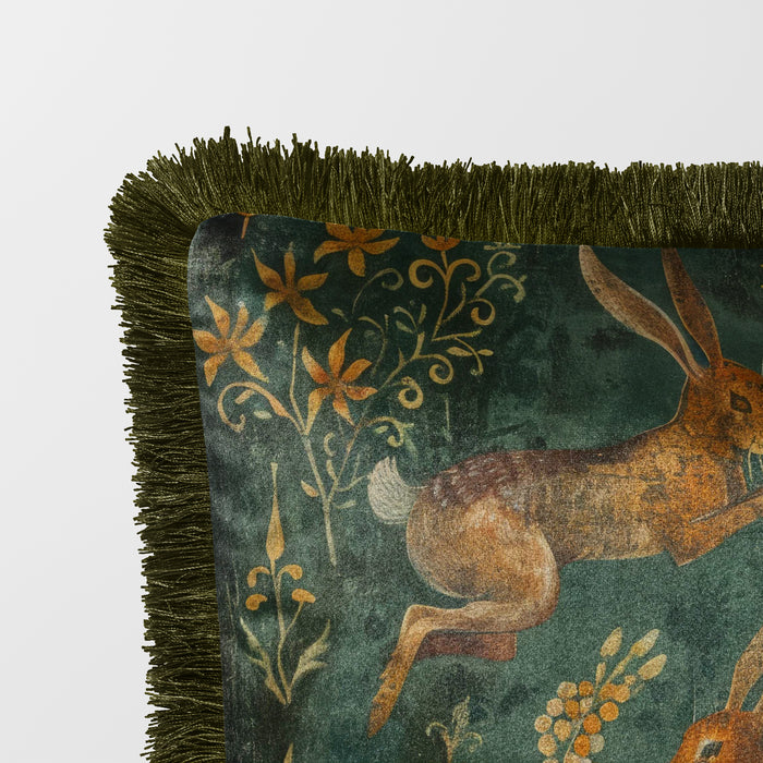 Hare Husk Green Luxury Fringed Velvet Cushion Throw Pillow Cover