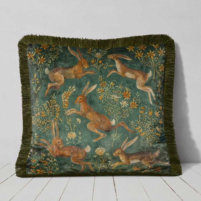 Hare Husk Green Luxury Fringed Velvet Cushion Throw Pillow Cover