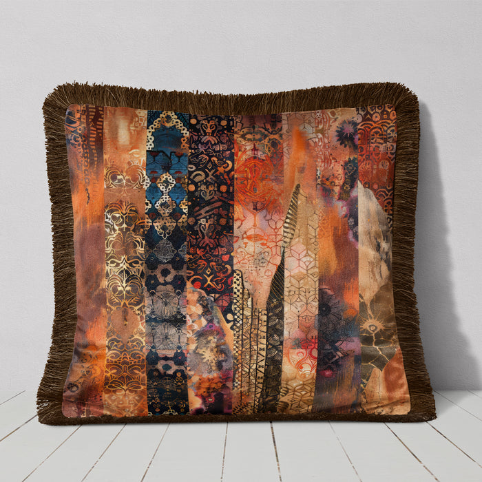 Luxury Fringed Velvet Cushion Throw Pillow Cover: Terran, Sunset Mesa