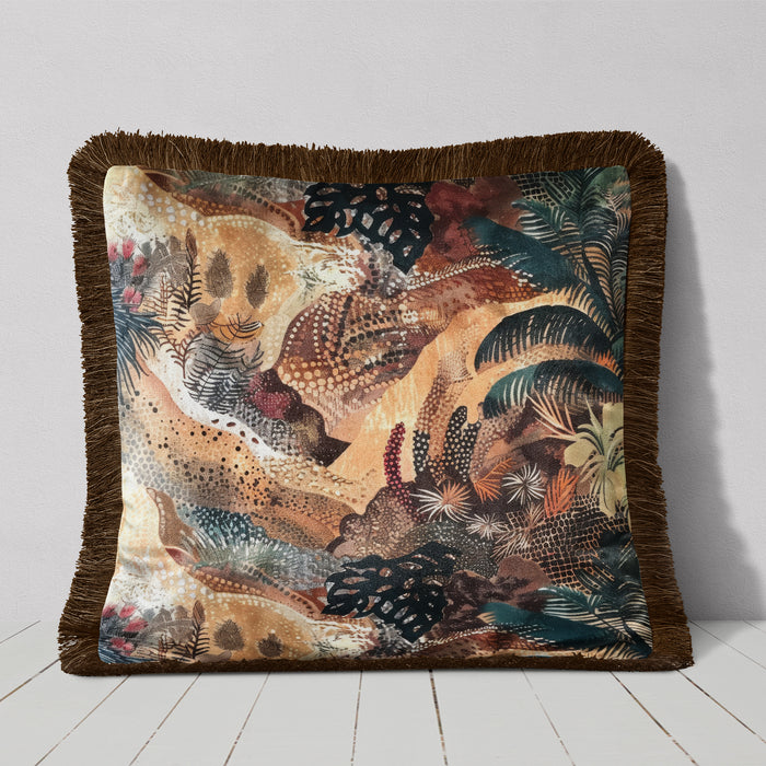 Desert Oasis Luxury Fringed Velvet Cushion Throw Pillow Cover: Sunset Mesa