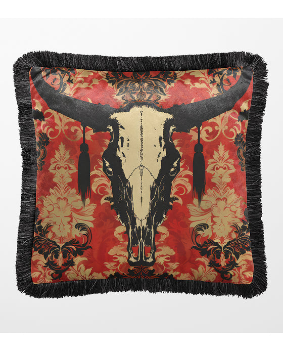 Skull Luxury Fringed Velvet Cushion Throw Pillow Cover: Soul Wanderer, Sunset Mesa