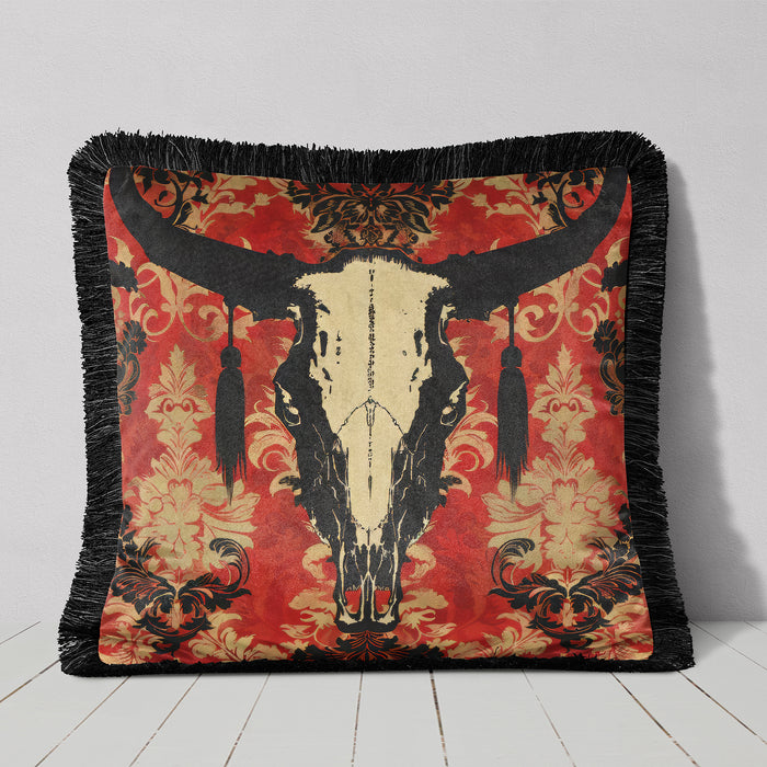 Skull Luxury Fringed Velvet Cushion Throw Pillow Cover: Soul Wanderer, Sunset Mesa