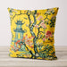 Yellow velvet cushion with pagoda and blooming flowers in a floral landscape.