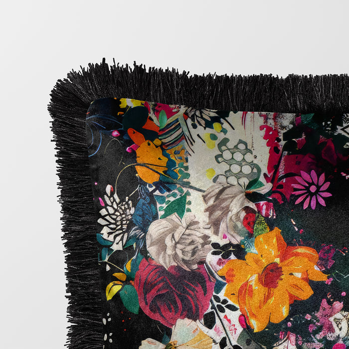 Floral Chaos Cushion Fringed Velvet Luxury Throw Pillow Cover