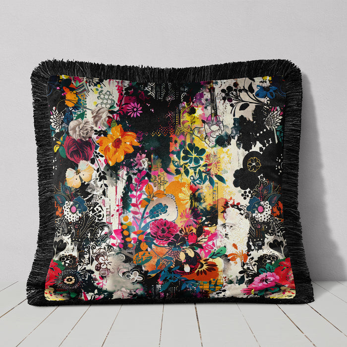 Floral Chaos Cushion Fringed Velvet Luxury Throw Pillow Cover