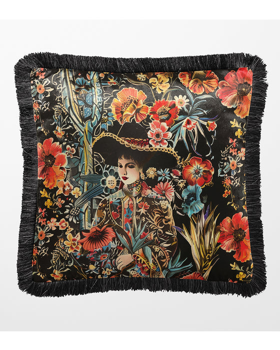 Wild West Fiesta Bloom Luxury Fringed Velvet Cushion Pillow Cover, Sunset Mesa