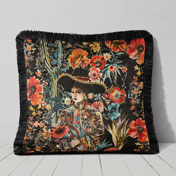 Wild West Fiesta Bloom Luxury Fringed Velvet Cushion Pillow Cover, Sunset Mesa