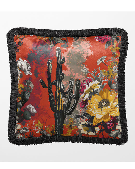 Luxury Fringed Velvet Cushion Throw Pillow Cover: Prickly Palooza, Sunset Mesa