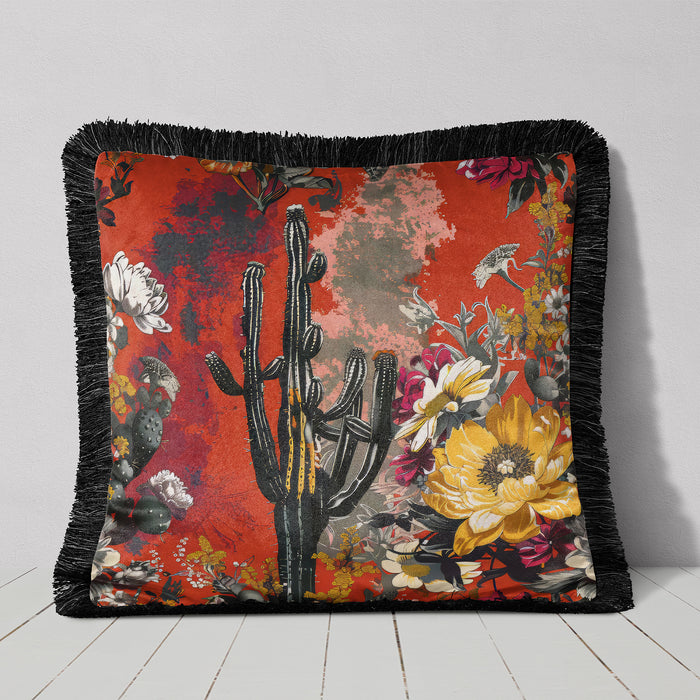 Luxury Fringed Velvet Cushion Throw Pillow Cover: Prickly Palooza, Sunset Mesa