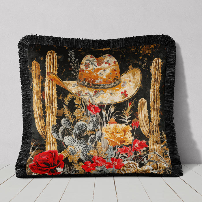 Luxury Fringed Velvet Cushion Throw Pillow Cover: Desert Dapper, Sunset Mesa