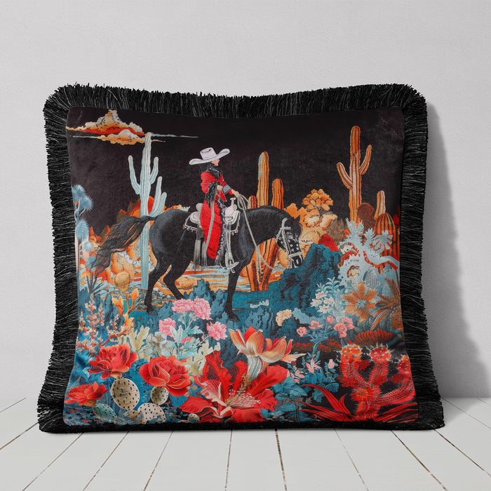 Luxury Fringed Velvet Cushion Throw Pillow Cover: Desert Diva, Sunset Mesa