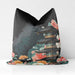 Velvet cushion featuring a pagoda surrounded by florals on a black background.