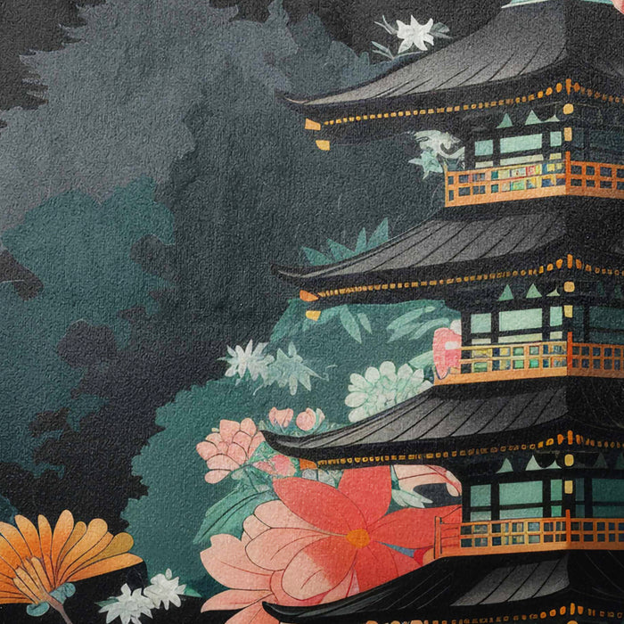 Velvet cushion featuring a pagoda surrounded by florals on a black background.