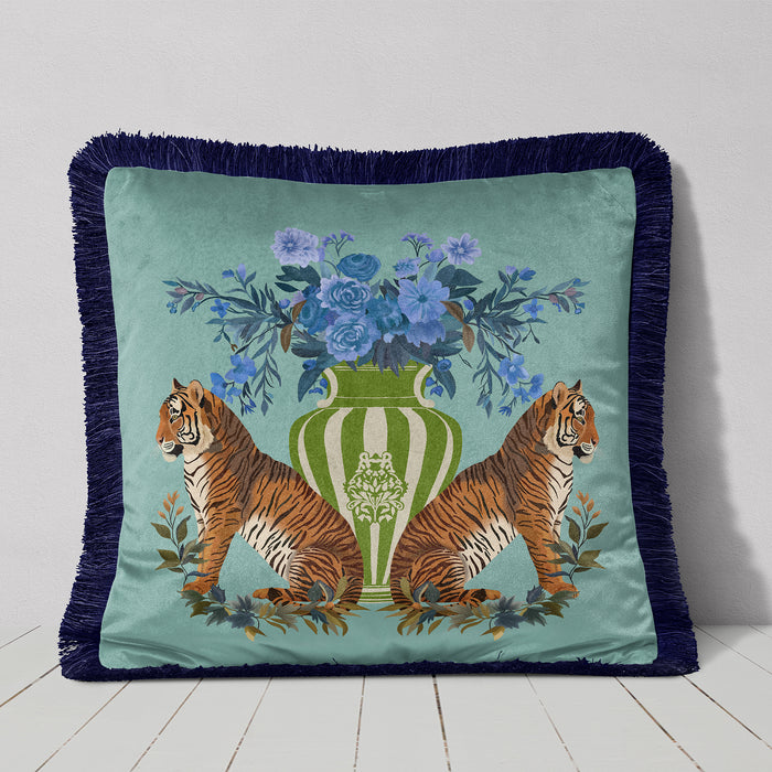 Chinoiserie Tiger Twins Cushion Pillow Choice of Luxury Velvet / Cotton / Outdoor