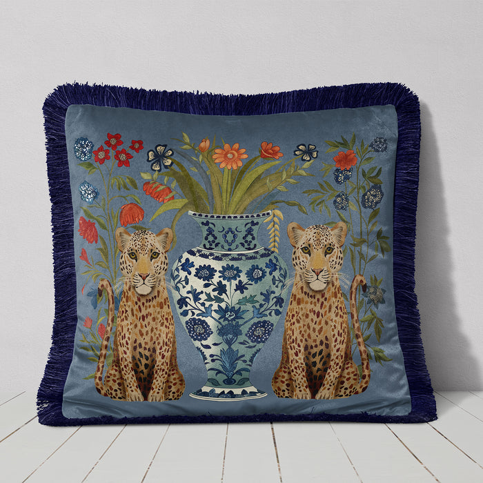 Chinoiserie Leopard Bouquet Twins Cushion Pillow Choice of Luxury Velvet / Cotton / Outdoor