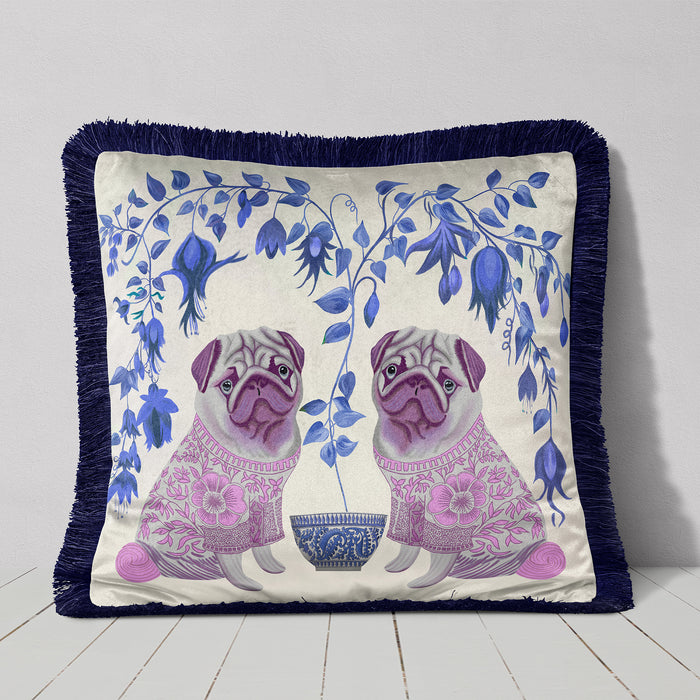 Pug Twins Chinoiserie Cushion Pillow Choice of Luxury Velvet / Cotton / Water Resistant