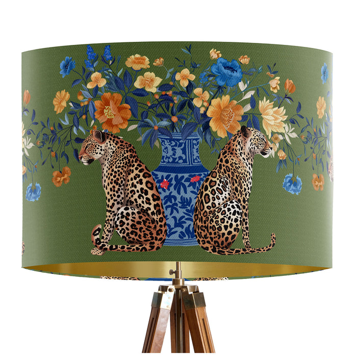 Chinoiserie Lampshade, Leopard with Blue Vase on Green, Drum, Ceiling Pendant