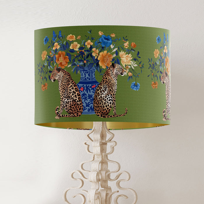 Chinoiserie Lampshade, Leopard with Blue Vase on Green, Drum, Ceiling Pendant