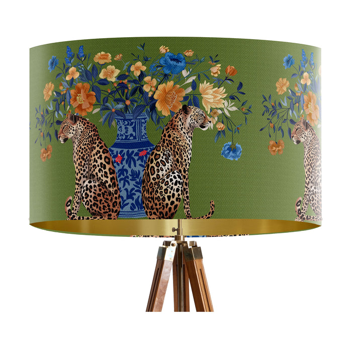 Chinoiserie Lampshade, Leopard with Blue Vase on Green, Drum, Ceiling Pendant